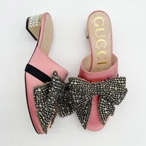 Gucci Candy Pink Silk Removable Crystal Embellished Bow Block Heel Mules EU 37